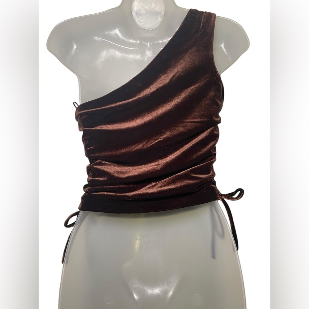 Amanda Uprichard Ania Brown Velvet One Shoulder Top XS Asymmetrical Ruched - Picture 5 of 8